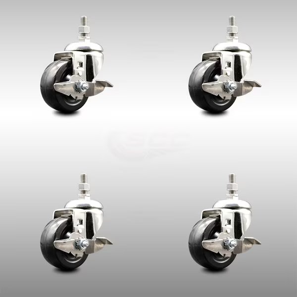 3 Inch 316SS Hard Rubber Wheel Swivel ½ Inch Threaded Stem Caster Set Brake SCC, Service Caster, Mfr#: SCC-SS316TS20S314-HRS-TLB-121315-4